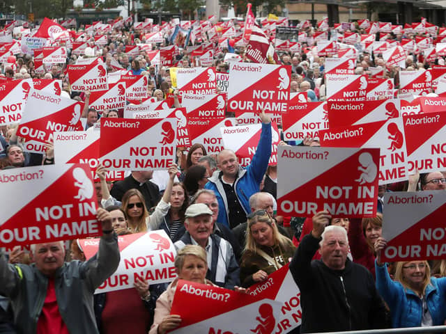 Crowds of people in Belfast taking part in a rally against Westminster liberalising abortion legislation in Northern Ireland.
