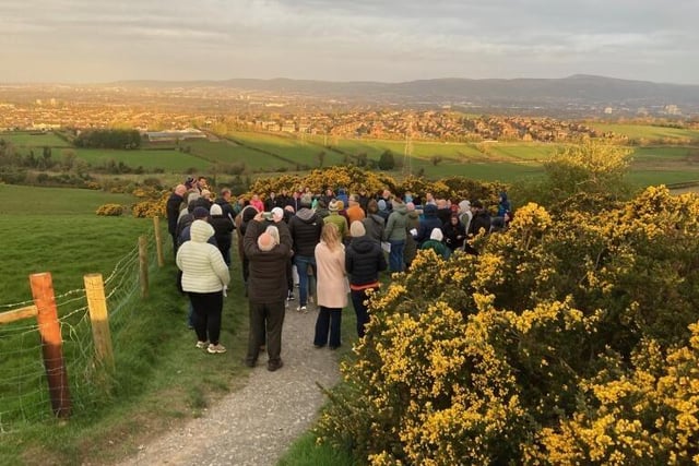 Worshippers at a dawn service at the top of Cregagh Glen on the Castlereagh Hills on Easter Sunday, April 9 2023