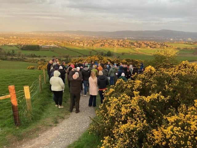 Worshippers at a dawn service at the top of Cregagh Glen on the Castlereagh Hills on Easter Sunday, April 9 2023