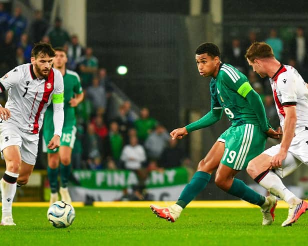 Northern Ireland captain Shea Charles on the attack against Georgia in the UEFA Nations League. (Photo by Andrew McCarroll/Pacemaker Press)