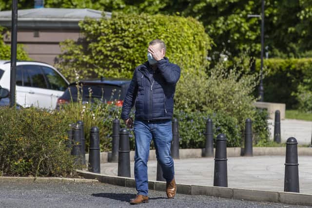 Andrew McDade arrives at Killymeal House in the Belfast Gasworks, Belfast, where he is challenging his dismissal from the Norman Emerson Group Limited over a video clip he filmed on Facebook Live of people singing offensive lyrics around the murder of Co Tyrone school teacher Micheala McAreavey