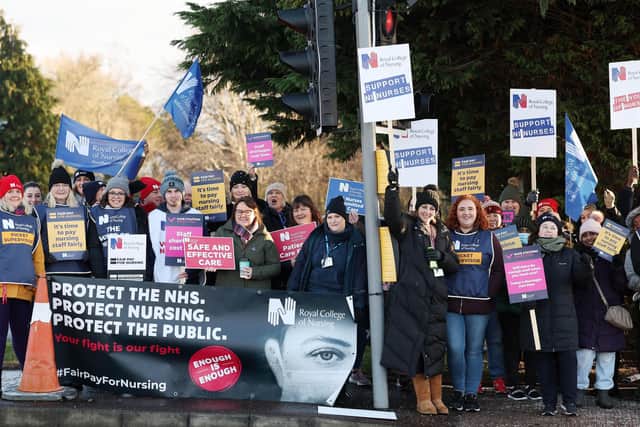 Nurses and NHS staff pictured at the Ulster Hospital, in Dundonald, where they are taking part in the UK wide strike action. Picture by Jonathan Porter/PressEye