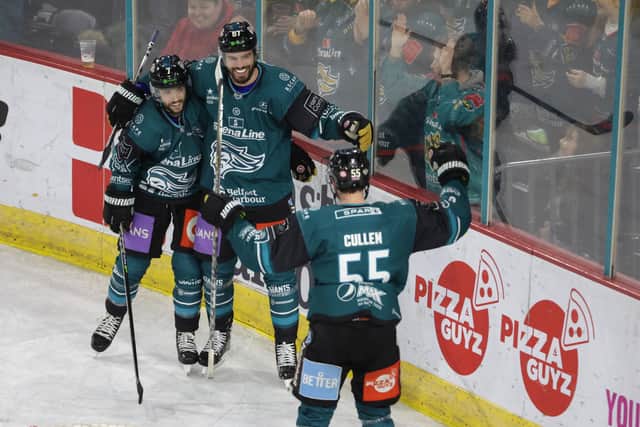 Belfast Giants’ David Gilbert celebrates scoring against the Nottingham Panthers during Wednesday’s Challenge Cup, Quarter-Final, Second Leg game at the SSE Arena, Belfast.