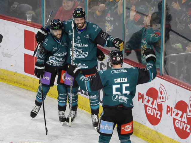 Belfast Giants’ David Gilbert celebrates scoring against the Nottingham Panthers during Wednesday’s Challenge Cup, Quarter-Final, Second Leg game at the SSE Arena, Belfast.