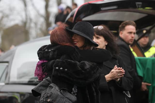 Victoria Mary Clarke (right), wife of Shane MacGowan, arrives for the funeral of Shane MacGowan at Saint Mary's of the Rosary Church, Nenagh, Co. Tipperary