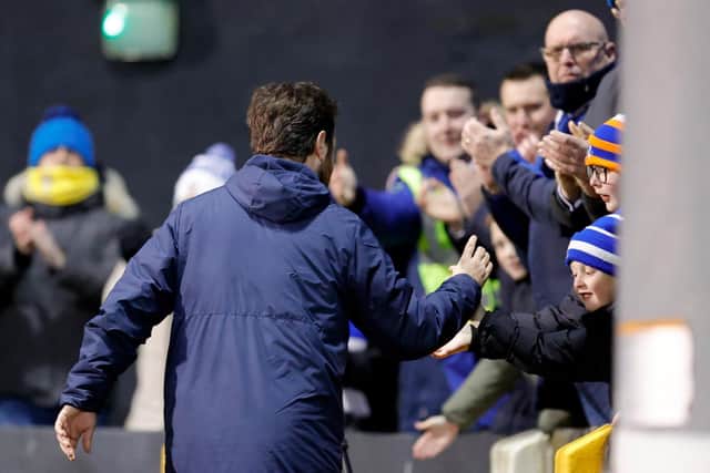 Glenavon manager Stephen McDonnell celebrates with the fans after their 2-0 Premiership victory over Carrick Rangers. PIC: Alan Weir/Pacemaker Press