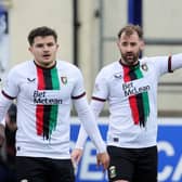 Niall McGinn celebrates his strike for Glentoran against Dungannon Swifts at Stangmore Park