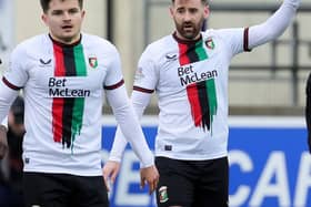 Niall McGinn celebrates his strike for Glentoran against Dungannon Swifts at Stangmore Park