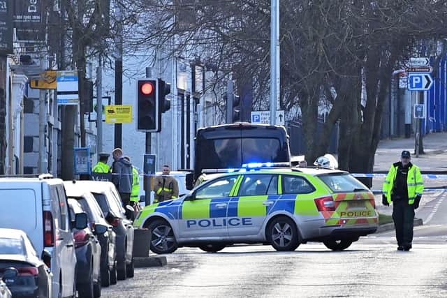 Police and emergency services at the scene of the fatal collision on Moira Main Street on 8 March 2023