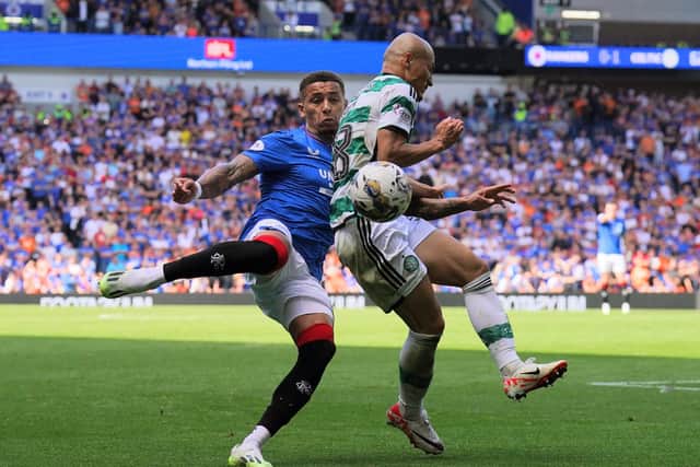 Rangers' James Tavernier (left) and Celtic's Daizen Maeda battle for the ball during the cinch Premiership match at the Ibrox Stadium, Glasgow in September. PIC: Andrew Milligan/PA Wire.