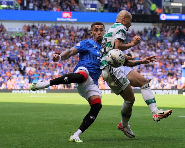 Rangers' James Tavernier (left) and Celtic's Daizen Maeda battle for the ball during the cinch Premiership match at the Ibrox Stadium, Glasgow in September. PIC: Andrew Milligan/PA Wire.