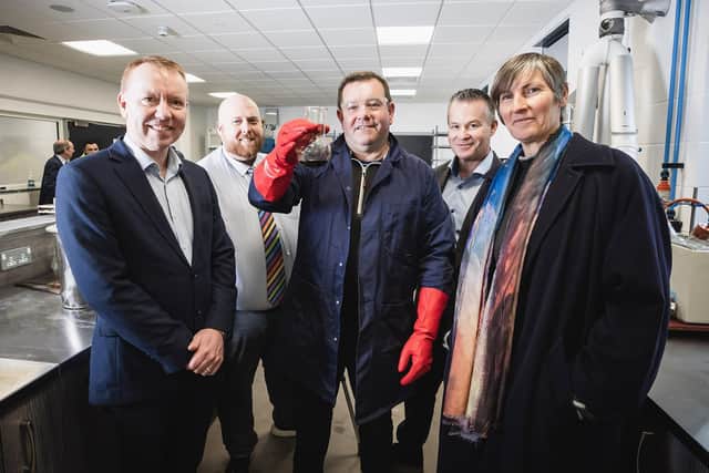 Department for Infrastructure Permanent Secretary Julie Harrison visits the new construction materials testing laboratory at Carn in Portadown.  She and director of engineering David Porter met laboratory staff including Barry Goodman. Deputy secretary Colin Woods and Ian Hutchinson also pictured