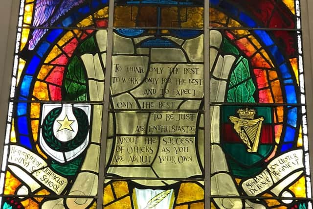 The stained glass window in memory of Captain Cormac McCabe at Aughnacloy College, the school where he was principal until his murder by the IRA in 1974