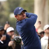 Northern Ireland's Rory McIlroy plays his shot from the ninth tee during the final round of The Genesis Invitational at Riviera Country Club, California. (Photo by Harry How/Getty Images)