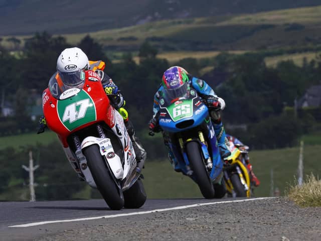 Richard Cooper (Jack Reid Cars/KMR Kawasaki) and Michael Sweeney (MSR Aprilia) in action during Supertwin qualifying at Armoy. (Photo by Rod Neill/Pacemaker Press)