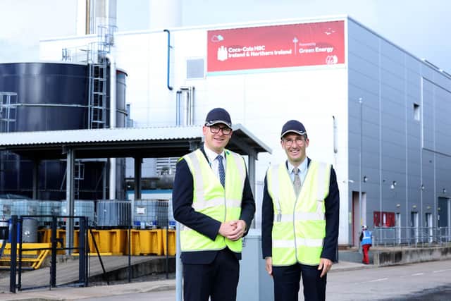 Minister for Agriculture, Environment and Rural Affairs Andrew Muir MLA with Simon Fitzpatrick, general manager during a visit to Coca-Cola HBC’s Knockmore Hill production facility in Lisburn to see the newly upgraded Combined Heat and Power plant, now powered by renewable biomethane. Photograph by Declan Roughan / Press Eye