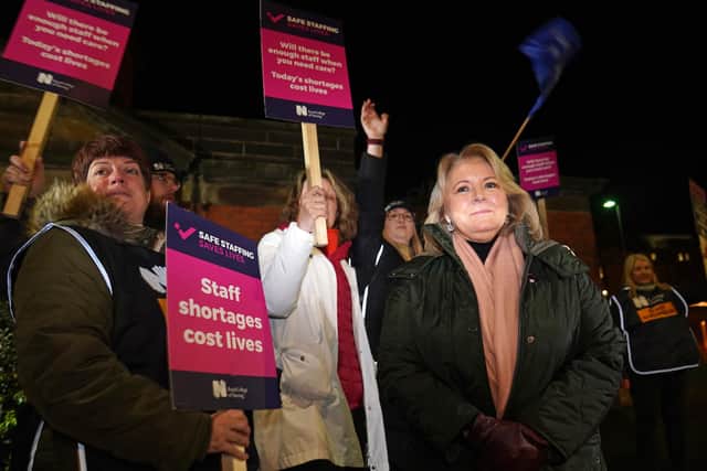 Royal College of Nursing (RCN) General Secretary Pat Cullen (right) joins members of the RCN on the picket line outside the Royal Victoria Infirmary, Newcastle, as nurses in England, Wales and Northern Ireland take industrial action over pay.
