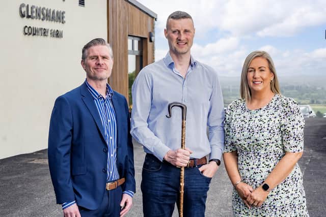 Ciaran Doherty, Head of Regions and Investment at Tourism NI,  Jamese and Katie McCloy from Glenshane Country Farm officially launch Country Barn at Glenshane Country Farm.