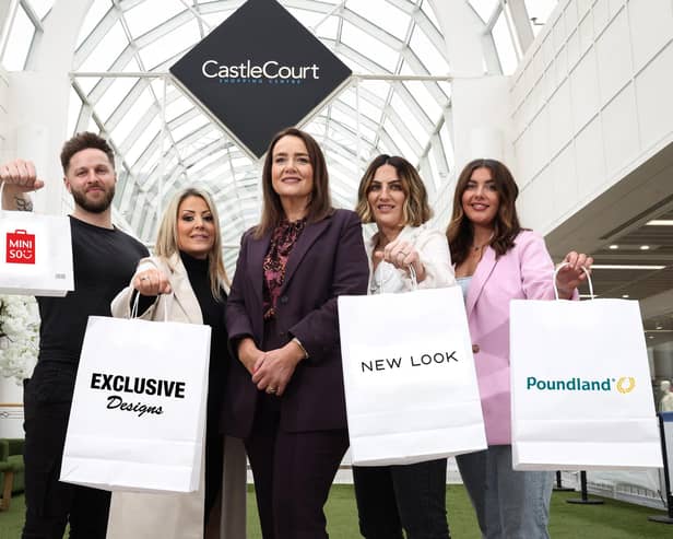 Shoppers paradise...CastleCourt has announced the opening of four new retail outlets in May and June, creating 48 new jobs throughout the Shopping Centre. Pictured are MINISO store manager Stewart Rea, Exclusive Designs owner Danielle Maxwell, CastleCourt centre manager Leona Barr, New Look store manager Donna Brown and Poundland clothing manager, Aine McDade