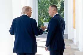 US President Donald Trump met with Polish President Karol Nawrocki on September 3. The two leaders witnessed two successive flyovers, one of F-35s and then a flight of F-16s performing a "missing man" formation, during the earlier greeting on the South Portico