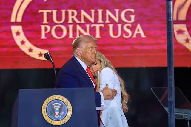 Mrs Erika Kirk joins US President Donald Trump onstage during the memorial service for political activist Charlie Kirk at State Farm Stadium on September 21, 2025 in Glendale, Arizona (photo by Joe Raedle/Getty Images)