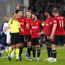 Manchester United's Marcus Rashford (second right) is shown a red card during the UEFA Champions League Group A match at the Parken Stadium, Copenhagen. (Photo by Zac Goodwin/PA Wire)