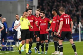 Manchester United's Marcus Rashford (second right) is shown a red card during the UEFA Champions League Group A match at the Parken Stadium, Copenhagen. (Photo by Zac Goodwin/PA Wire)