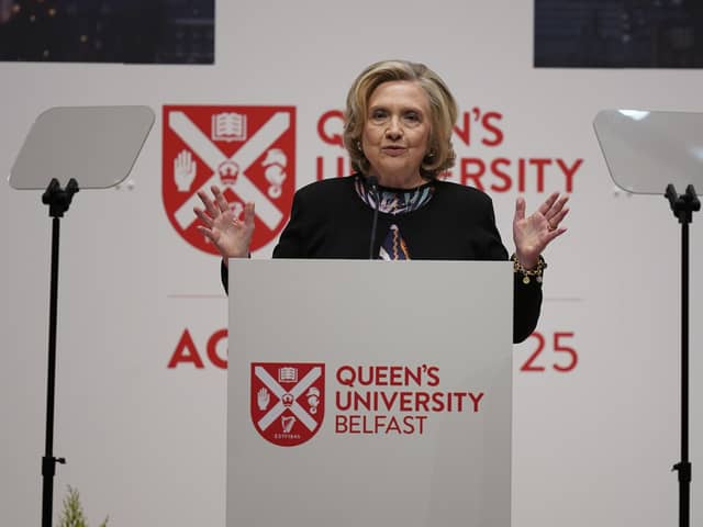 Former US secretary of state and Chancellor of Queen's University Belfast, Hillary Clinton, speaking during the international conference to mark the 25th anniversary of the Belfast/Good Friday Agreement, at Queen's University Belfast. Picture date: Wednesday April 19, 2023.