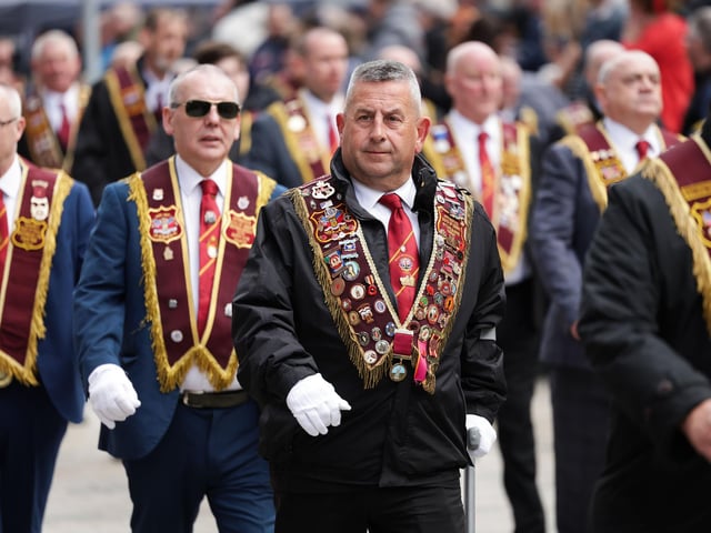General view of the main Apprentice Boys of Derry parade as it makes its way through the centre of Lisburn.