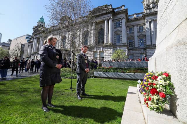 Susie Millar, President of Belfast Titanic Society, and Lord Mayor of Belfast, Councillor Ryan Murphy, lay wreathes at the Titanic Memorial in the grounds of Belfast City Hall to mark 112 years since the sinking of RMS Titanic. Photo: Matt Mackey/Press Eye