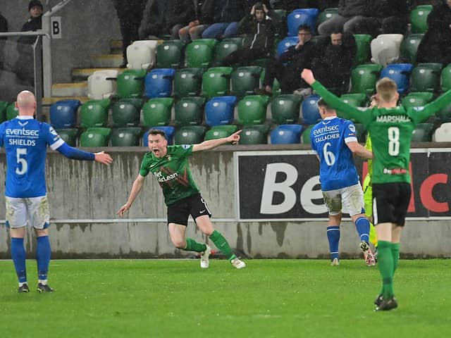 Glentoran's Bobby Burns celebrates his late equaliser in the 1-1 draw against Linfield at Windsor Park in Belfast.