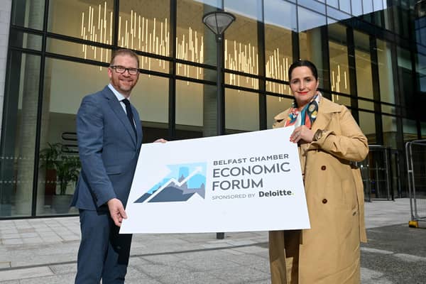 Belfast Chamber chief executive Simon Hamilton and Marie Doyle, partner at Deloitte in Belfast, launching the new Belfast Chamber Economic Forum at The Ewart