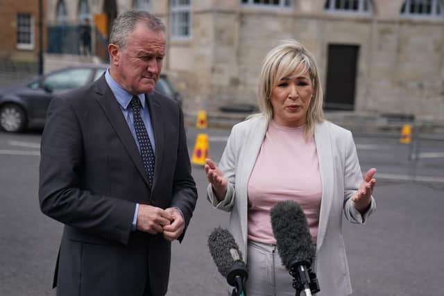 Sinn Fein's Conor Murphy and Deputy Leader Michelle O'Neill speak to the media  following a meeting with Northern Ireland Secretary Chris Heaton-Harris at Hillsborough Castle.