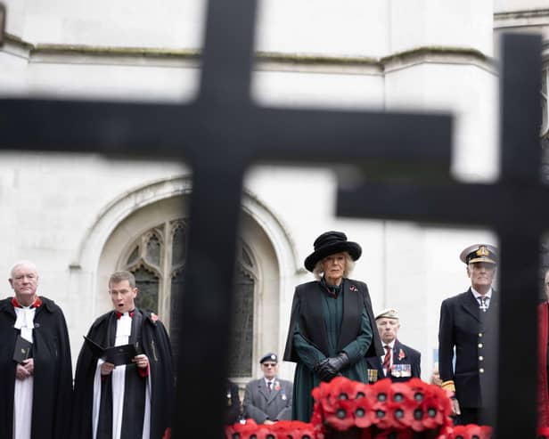 Queen Camilla stands in front of the Cross of Remembrance during a visit to the Field of Remembrance, in its 95th year, at Westminster Abbey in London, ahead of Armistice Day.   Photo: Paul Grover/Daily Telegraph/PA Wire