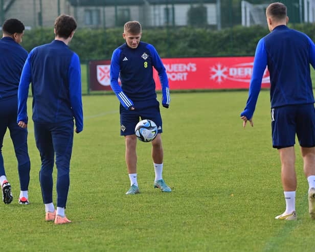 Northern Ireland’s Callum Marshall during training at The Dub in Belfast, ahead of the UEFA Euro 2024 qualifying games against Finland and Denmark
