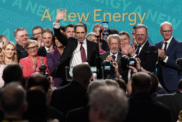Fine Gael leader Simon Harris (centre) at the 82nd Fine Gael Ard Fheis at the University of Galway.