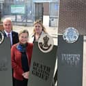Tommie Linton of Start360, Lucy Turner from the Prison Arts Foundation, and Maghaberry Prison Governor Tracy Megrath. Veterans in Maghaberry and Magilligan prisons have hand-crafted clay army cap badges for an art exhibition