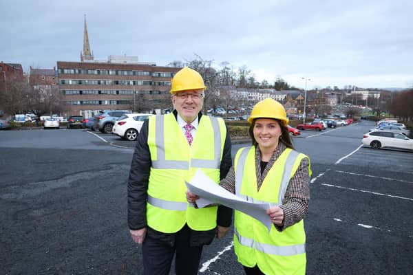 Becky Colville, LCCC Project Support Officer and Ald Allan Ewart, Chair of LCCC’s Development Committee at the Laganbank Road site.
