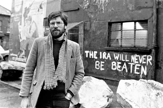 Sinn Fein president Gerry Adams pictured outside the party's HQ on the Falls Road in January 1984