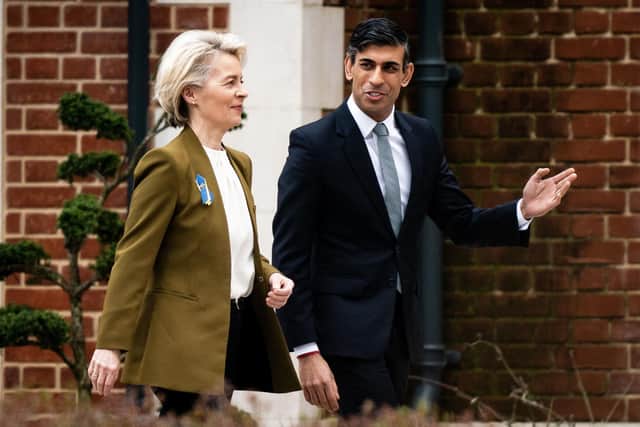 Prime Minister Rishi Sunak welcomes European Commission president Ursula von der Leyen at the Fairmont Windsor Park hotel in Englefield Green, Windsor, Berkshire, ahead of a meeting to discuss a "range of complex challenges" around the Brexit treaty. Picture date: Monday February 27, 2023. PA Photo. See PA story POLITICS Brexit. Photo credit should read: Aaron Chown/PA Wire