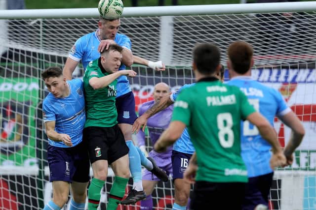 Stephen O'Donnell commanding in the air last season for Ballymena United across the Irish League. (Photo by David Maginnis/Pacemaker Press)
