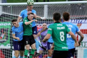 Stephen O'Donnell commanding in the air last season for Ballymena United across the Irish League. (Photo by David Maginnis/Pacemaker Press)
