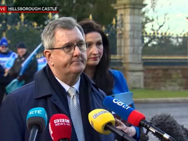 BBC footage of Sir Jeffrey and Emma Little Pengelly as the media quiz the DUP leader on the latest talks developments