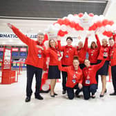 MALTA HERE WE COME: Members of the Jet2.com and Jet2holidays team who were on duty at Belfast International Airport this morning