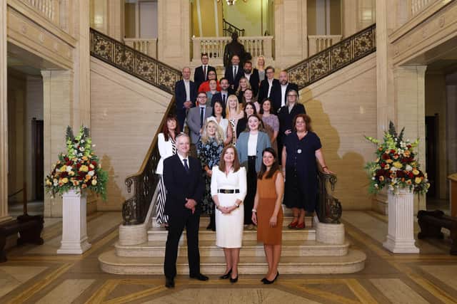 Twenty-four leaders from politics, business, and civic society at Parliament Buildings for the launch of the Fellowship Programme with John Healy, chair of Fellowship Advisory Board, Jayne Brady, head of NI Civil Service and professor Karise Hutchinson, vice-chair, Fellowship Advisory Board