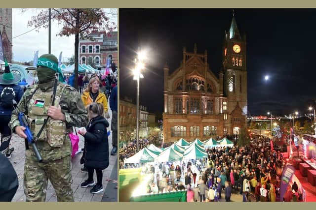 The image of the 'Palestinian gunman', and an image from Derry City and Strabane District Council showing the layout of the Guildhall Square