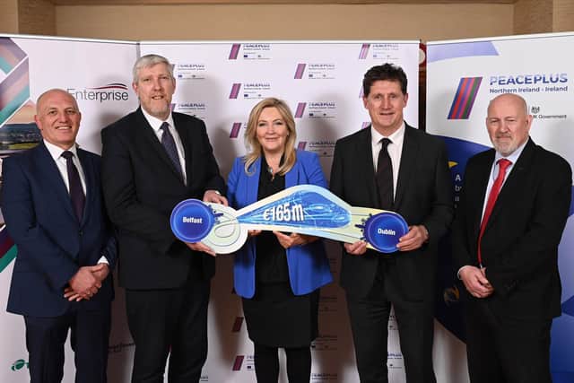 Announcing plans for an upgraded Belfast to Dublin train link are (left-right) Ian Campbell, Director of Service Operations, Translink; Minister John O’Dowd, Stormont Department for Infrastructure; Gina McIntyre, CEO SEUPB; Minister Eamon Ryan TD, Irish Department of Transport and Billy Gilpin, Director Train Operations, Iarnród Éireann. Picture: Michael Cooper