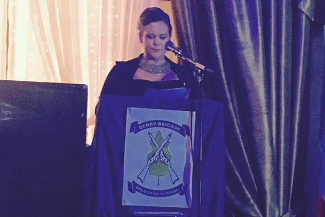 Sinn Fein president Mary Lou McDonald at a Derry Brigade 'Oglaigh na hEireann' commemoration in 2016 - Twitter image