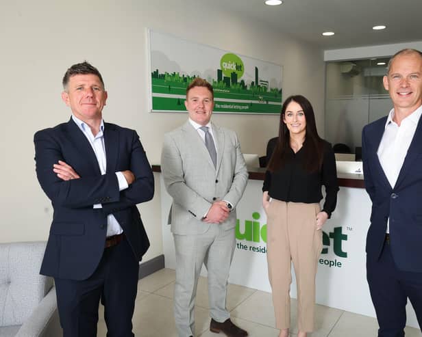 One of Northern Ireland’s leading residential lettings and management agencies, Quicklet, has announced the acquisition of well-regarded Edinburgh property management company, ACE Property, for a seven figure sum. Pictured are Gavin McEvoy, director of Quicklet, Michael Mairs, head of accounts & property at Quicklet, Dee O’Reilly, head of operations & business growth at Quicklet and Dermot O’Hanlon, co-director of Quicklet, at Quicklet’s Lisburn Road office
