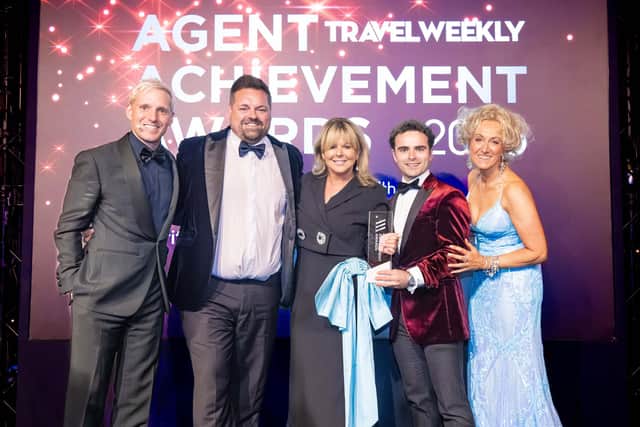 Northern Ireland's largest locally owned independent travel agency group, Oasis Travel, has secured a triple victory at this year's Travel Weekly Agent Achievement Awards. Pictured is host Jamie Laing, representatives from headline sponsors Virgin Atlantic and Celebrity Cruises, Sandra Corkin, founder and creative director of Oasis Travel, Scott McCabe, managing director of Oasis Travel and Travel Weekly editor-in-chief Lucy Huxley. Photography by Steve Dunlop www.stevedunlop.com